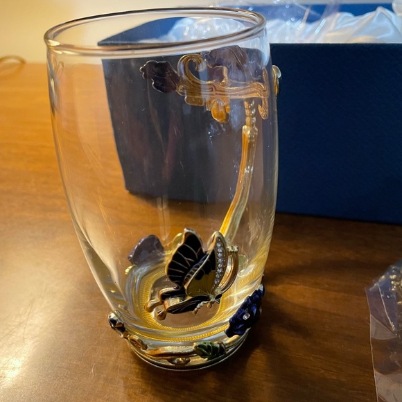 Glass Tea Cup,Coffee Mug Enamel Rose Flower Butterfly Cup w Spoon, Lid & box New - Picture 4 of 8